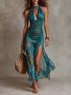 Nerelia Fiorenza - Abito Lungo in Chiffon Floreale con Collo Halter