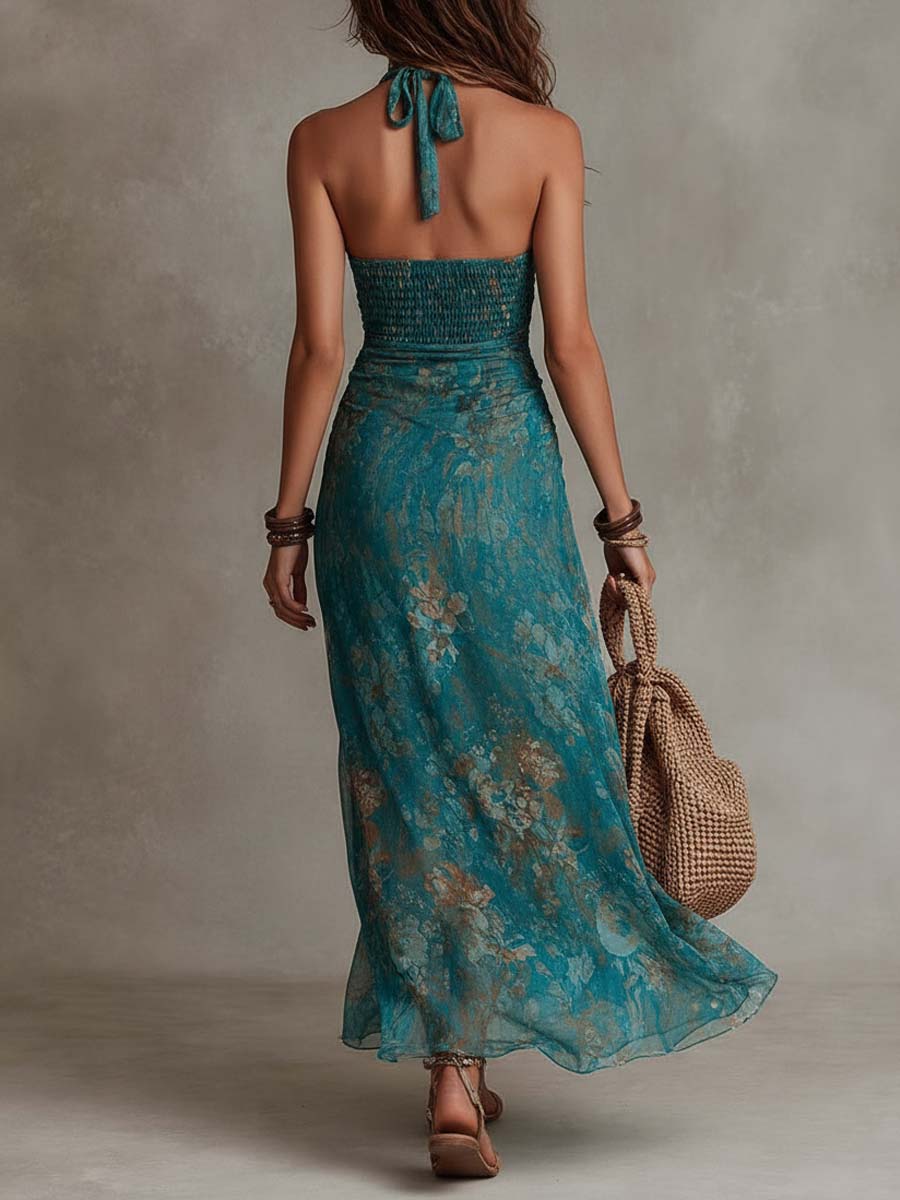 Nerelia Fiorenza - Abito Lungo in Chiffon Floreale con Collo Halter