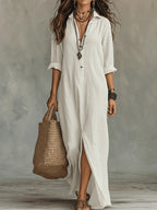 Black Button-down Front-opening Loose-fitting Shirt Maxi Dress
