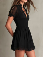 Nerelia Noemi - Mini Abito Nero Smock con Pizzo