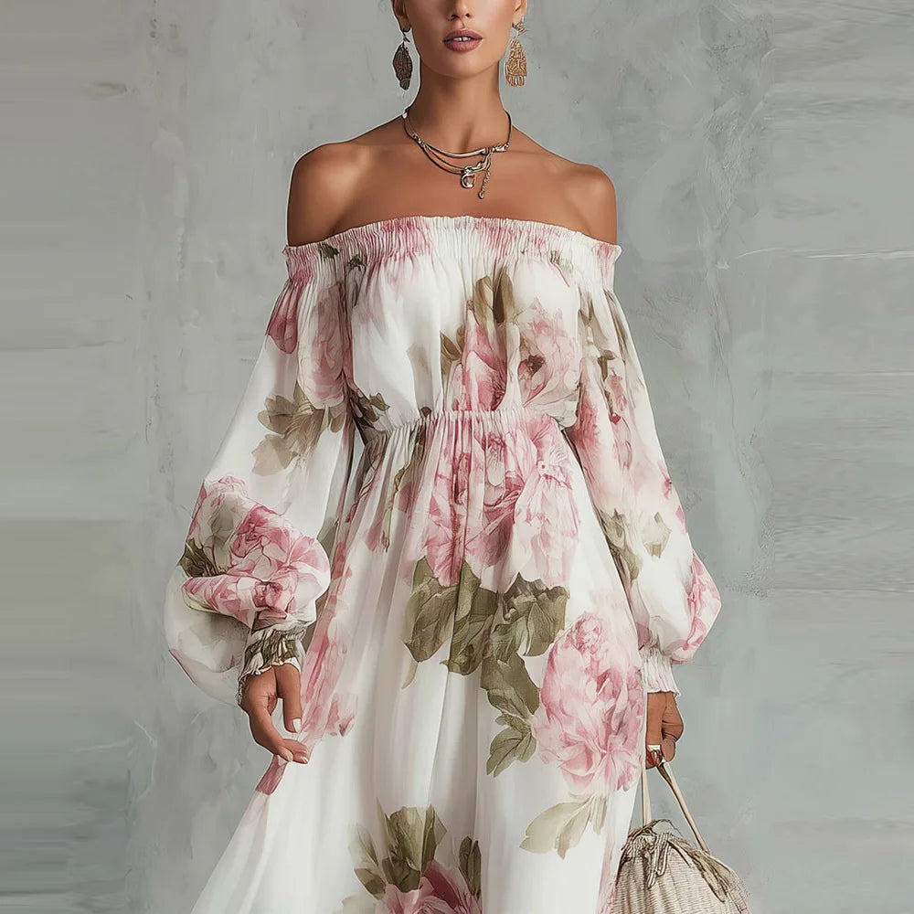 Nerelia Peonia - Abito Maxi Floreale Off Shoulder con Maniche Lunghe