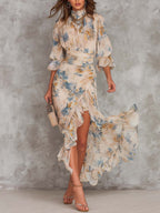 Nerelia Delia - Abito Maxi in Chiffon Irregolare con Stampa Floreale